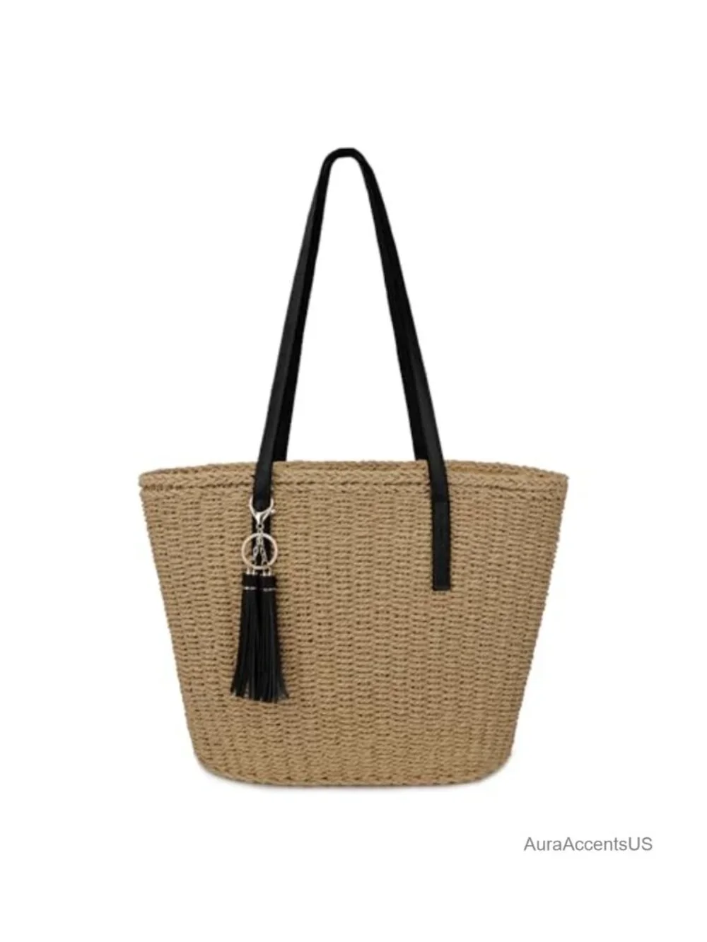 Large Handwoven Straw Tote Bag with Tassel - Summer Beach Shoulder Purse